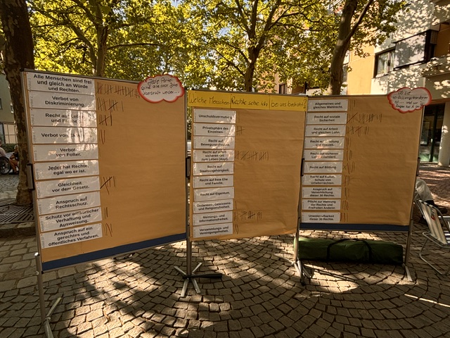 Stellwände mit Abstimmungsergebnissen zu den Menschenrechten